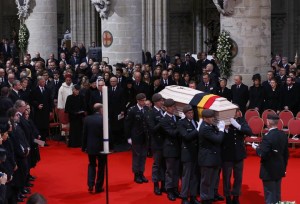 Pallbearers carry the coffin of Belgium's Queen Fabiola during a funeral service at Saint-Gudule cathedral in Brussels